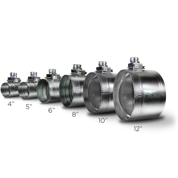 A series of Suncourt motorized dampers in various sizes, with a range of 4 inches to 12 inches, for HVAC systems.